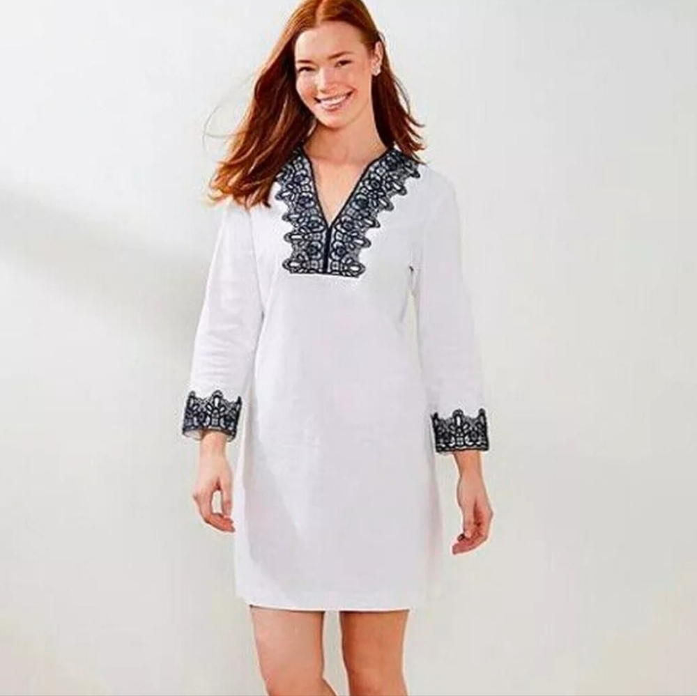 Preston & York Stretch  Linen 3/4 Sleeve V-Neck Embroidered Dress Size 8 NWT